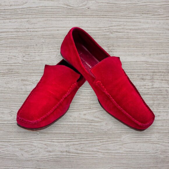 Burberry Handmade Red Suede Loafers EU 40 Square Toe Slip-On Moccasins Stripe - Picture 1 of 10